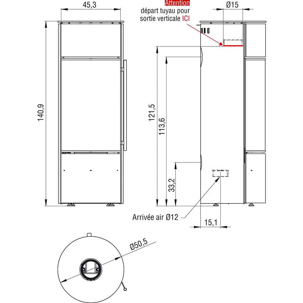 Schéma Poêle à bois Artense Panama rond en acier noir